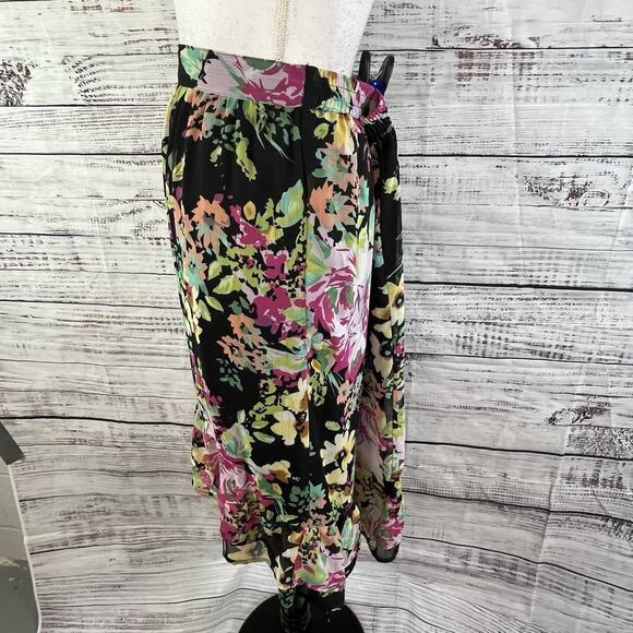 Elementz Skirt sz Large Black Pink Green Floral Sheer Knee Ruffle Modest Wedding - Picture 6 of 9